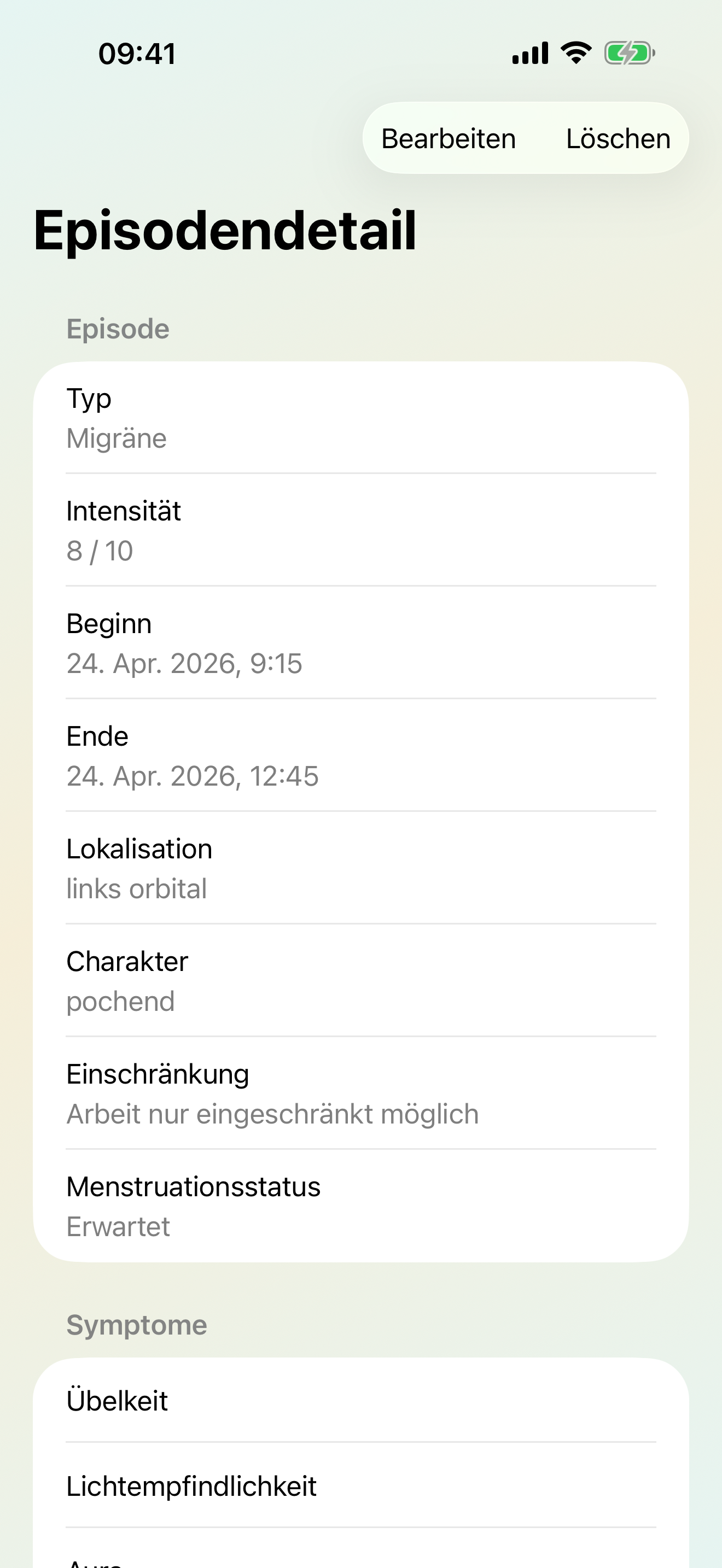 Detailansicht eines Eintrags mit Symptomen, Triggern und Verlauf